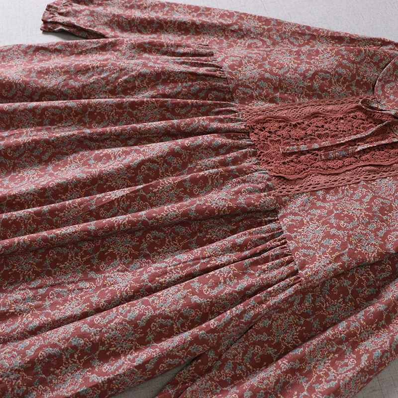 

Spring New Style Japanese Mori Girl Literary Floral Dress Print Lace Doll Collar Mid-Length Skirt Women Big Hem Printed