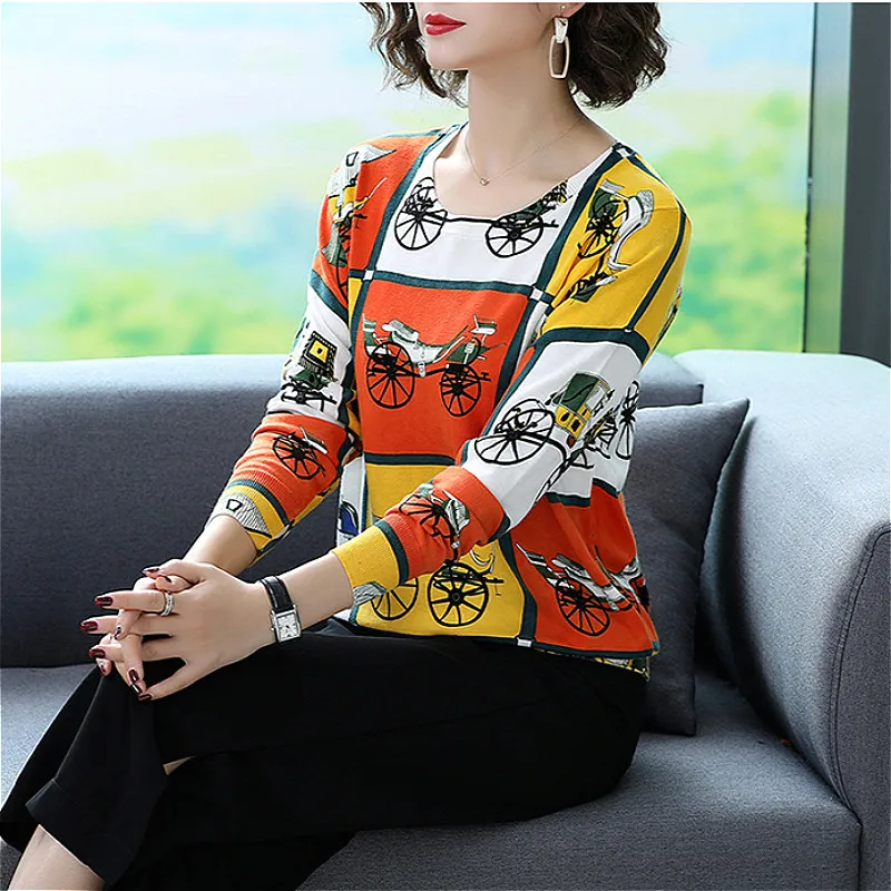 Loose Sweater Knitwear Pullovers Women Long Sleeve Autumn Winter Carriage Printed Fashion Comfortable Knitted Sweaters | Женская одежда