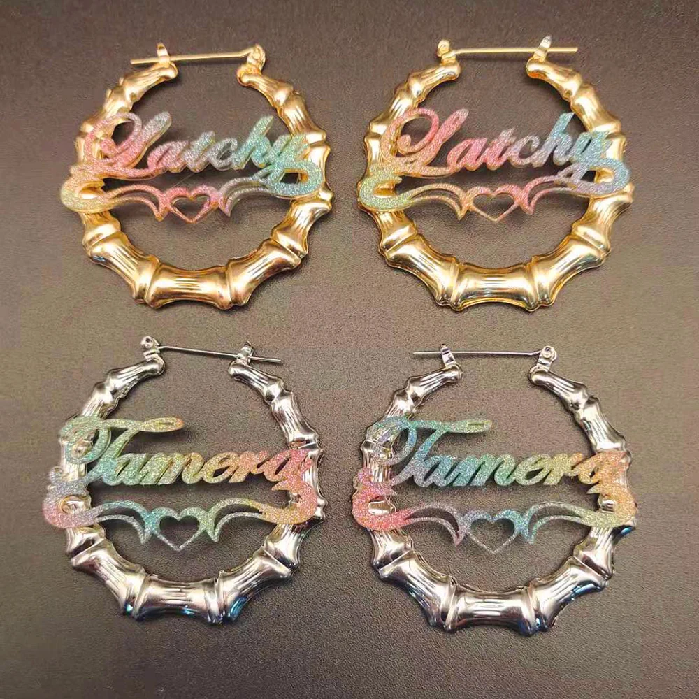 

LUER 30mm-100mm Custom Bamboo Hoop Earring Customize Name Glitter Color Earrings Bamboo Style Personality Heart-Shaped Design