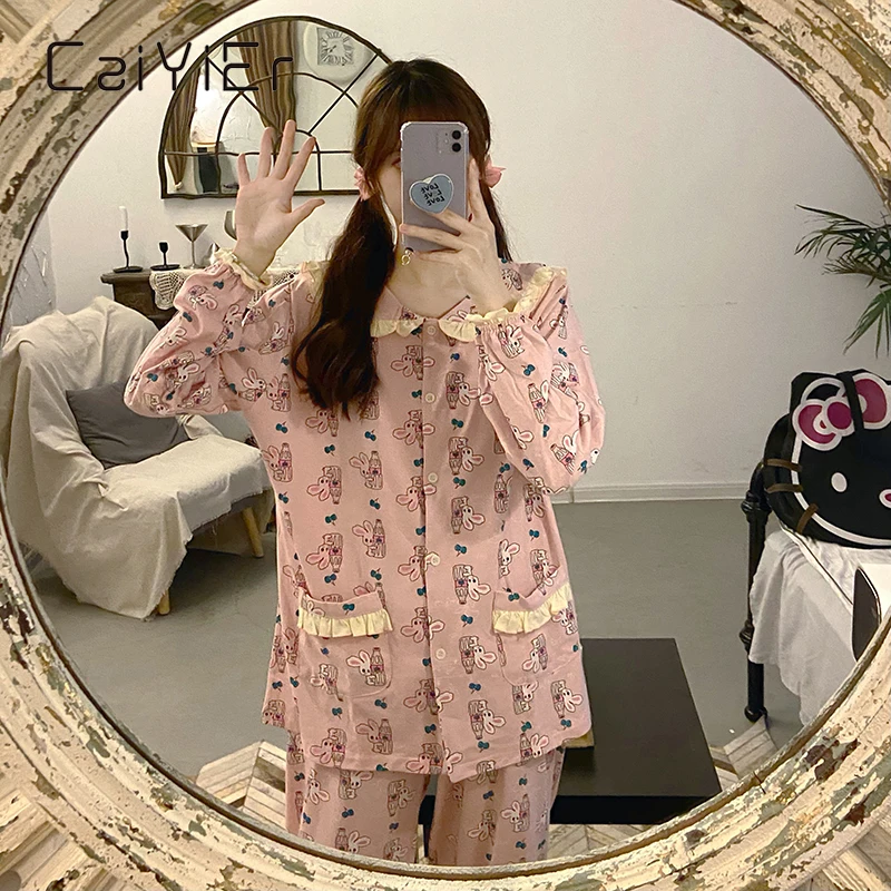 

Женская пижама CAIYIER с принтом кролика, милая Пижама с воротником Питера Пэна, Осенний розовый пижамный комплект, милая Корейская Ночная соро...