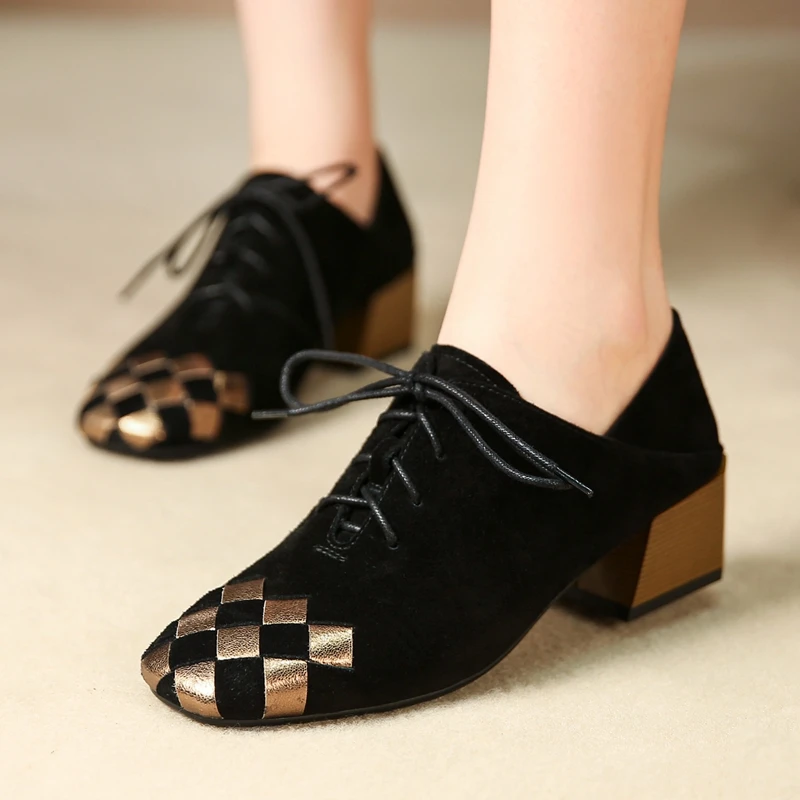 spesifikasi Niat Asli Sepatu Ujung Persegi Tumit Persegi Sepatu Wanita Warna Campur Hitam Emas Grid Sepatu Modis Wanita Sepatu Kantor Dewasa