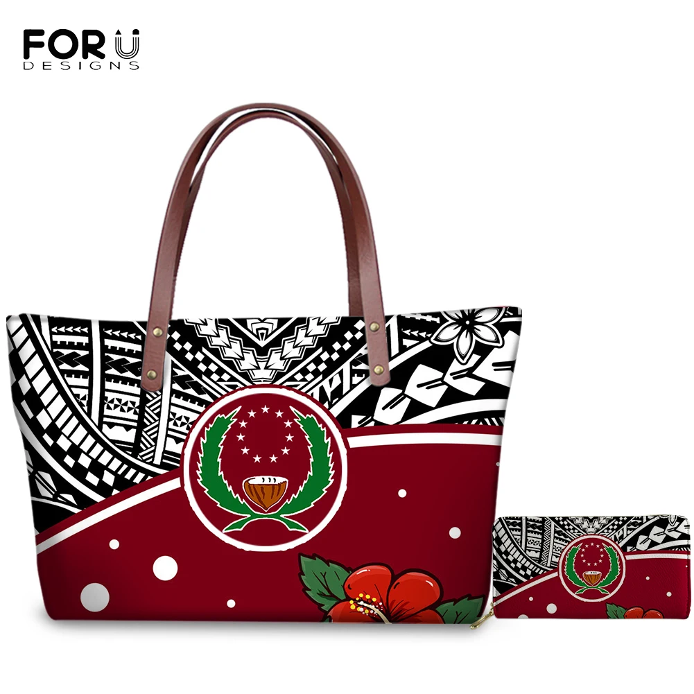 

FORUDESIGNS Polynesian Pohnpei Beautiful Hibiscus Flower Prints Ladies Tote Shoulder Bag for Women Purse 2Pcs/Set Handbag&Wallet