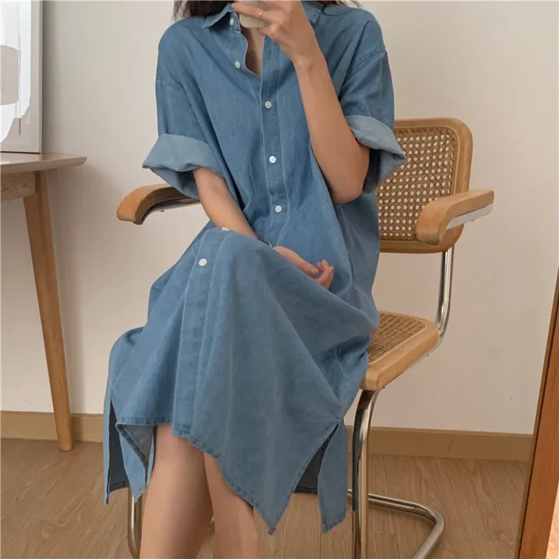 

Denim Button midi shirt dress blue casual short-sleeve summer 2022 Korean retro Korean dresses