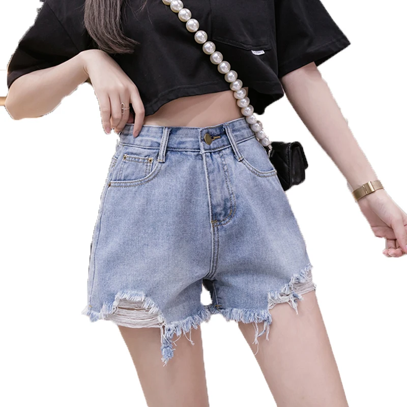 

Denim Shorts for Women 2021 Summer New High Waist Slimming Frayed Edge A- line Hot Pants Straight Loose Wide Leg Pants