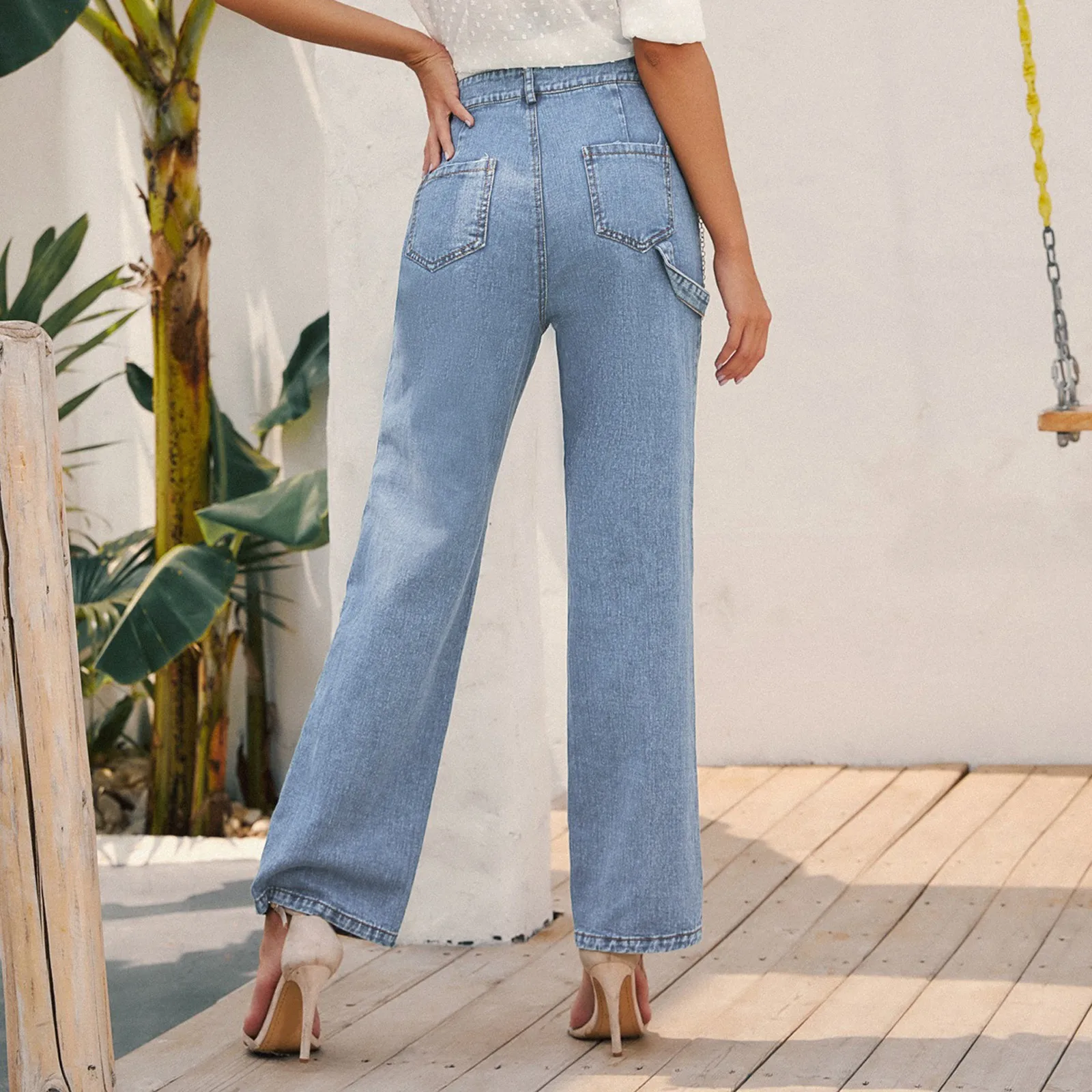 

Hot Sale Women High-Waisted Chain Straight Denim Trousers Fashion Casual Spring Autumn Solid Color All-Match Women's Jeans F