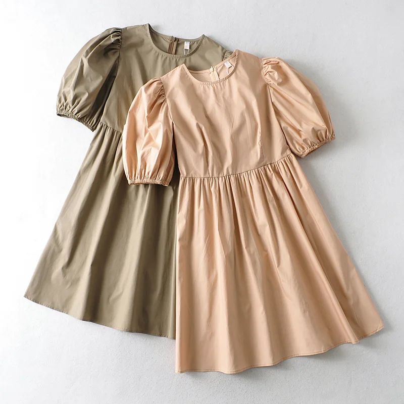 

Sister Fara New Summer 2021 Elegant O-Neck Dress Women High Waist Puff Sleeve Loose Dresses Office Lady Solid Casual Dress