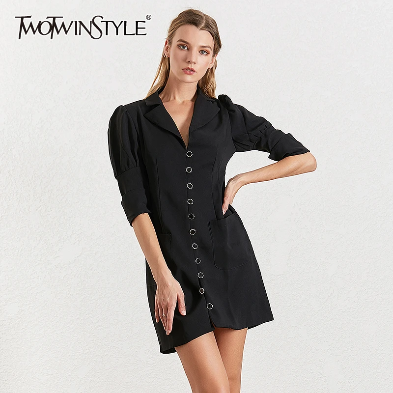 TWOTWINSTYLE корейское черное платье для женщин, с отворотом, с пышными рукавами, с высокой талией, тонкие платья, женская модная одежда, весна, Новинка
