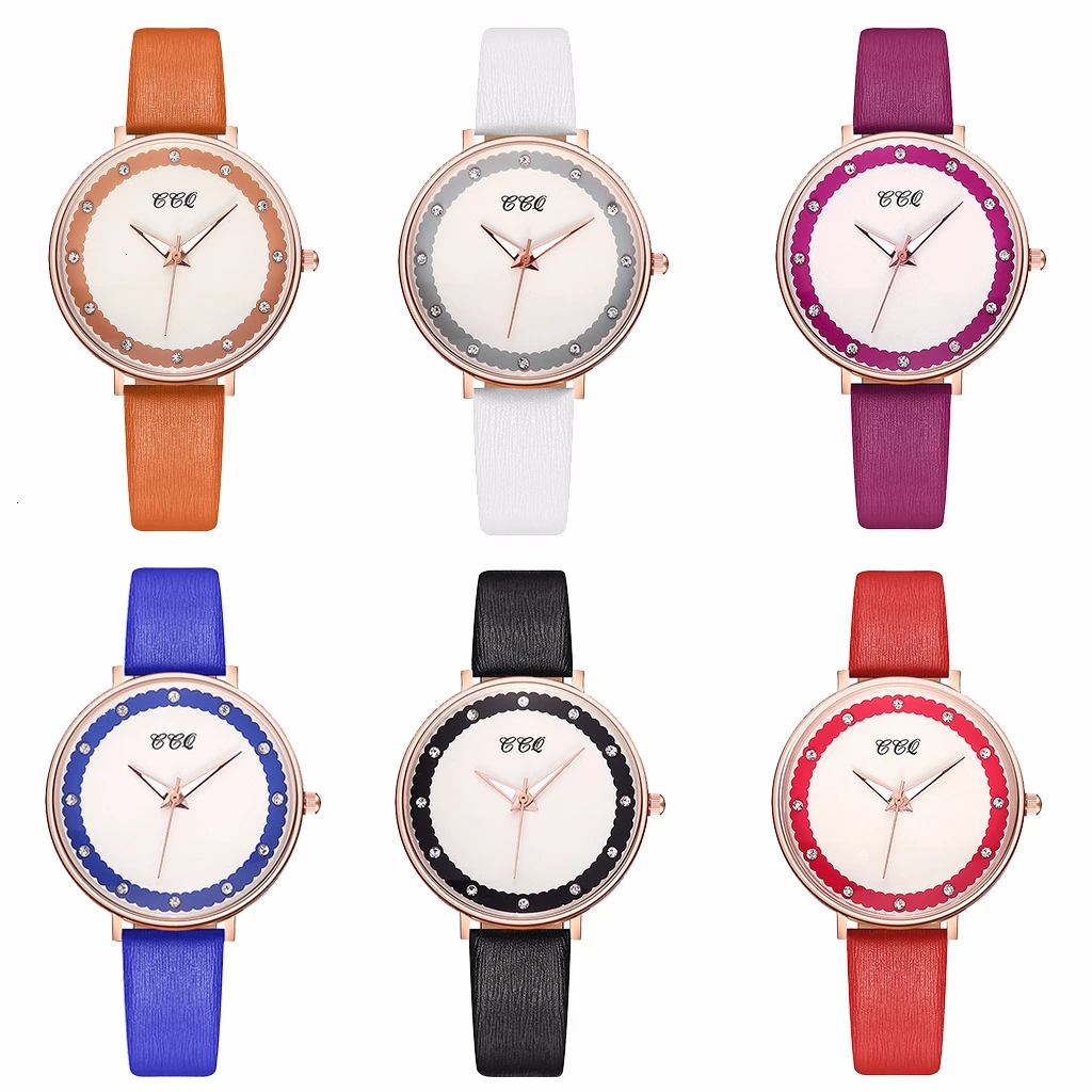 Часы женские кварцевые с кожаным ремешком роскошные цветным циферблатом CCQ |