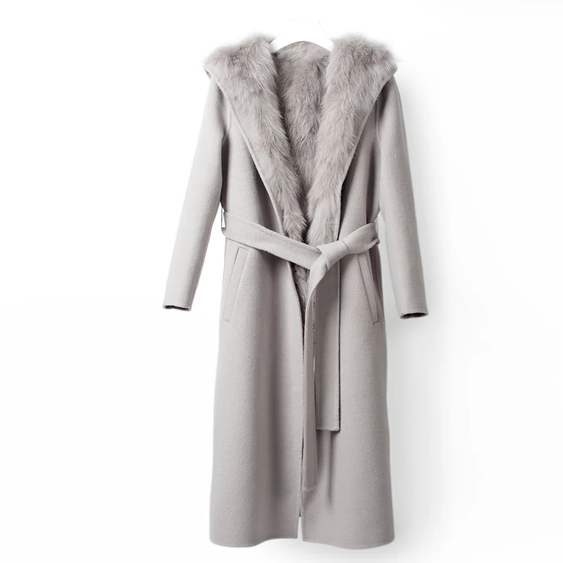 OFTBUY натуральный Лисий Мех Пальто Капюшон зимняя куртка Женское шерстяное пальто Длинная Верхняя одежда с поясом парка Уличная Повседневная съемная