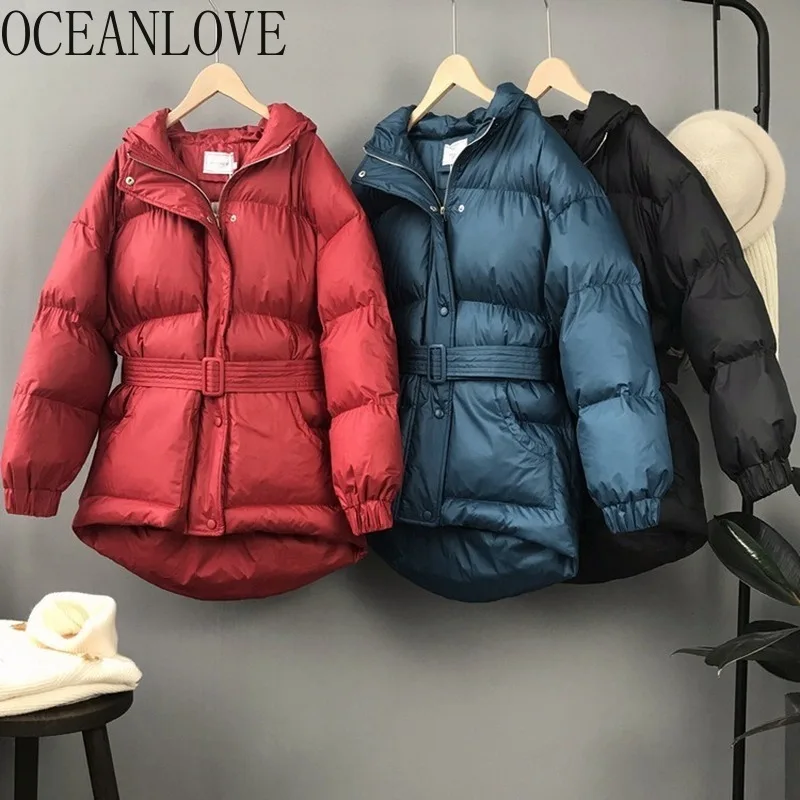 OCEANLOVE однотонная Толстая зимняя куртка женская с капюшоном теплая молния поясом