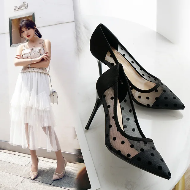 Женские винтажные босоножки на высоком каблуке с острым носком в горошек Q625