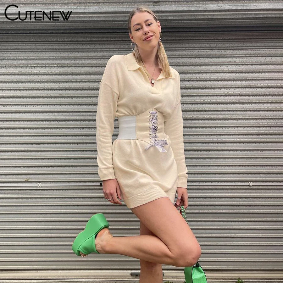 

Cutenew Solid Knitted Long Sleeves Turn-Down Collar Slim Mini Dress Women Autumn Elegant Casual Stretch High Street Lady Dresses