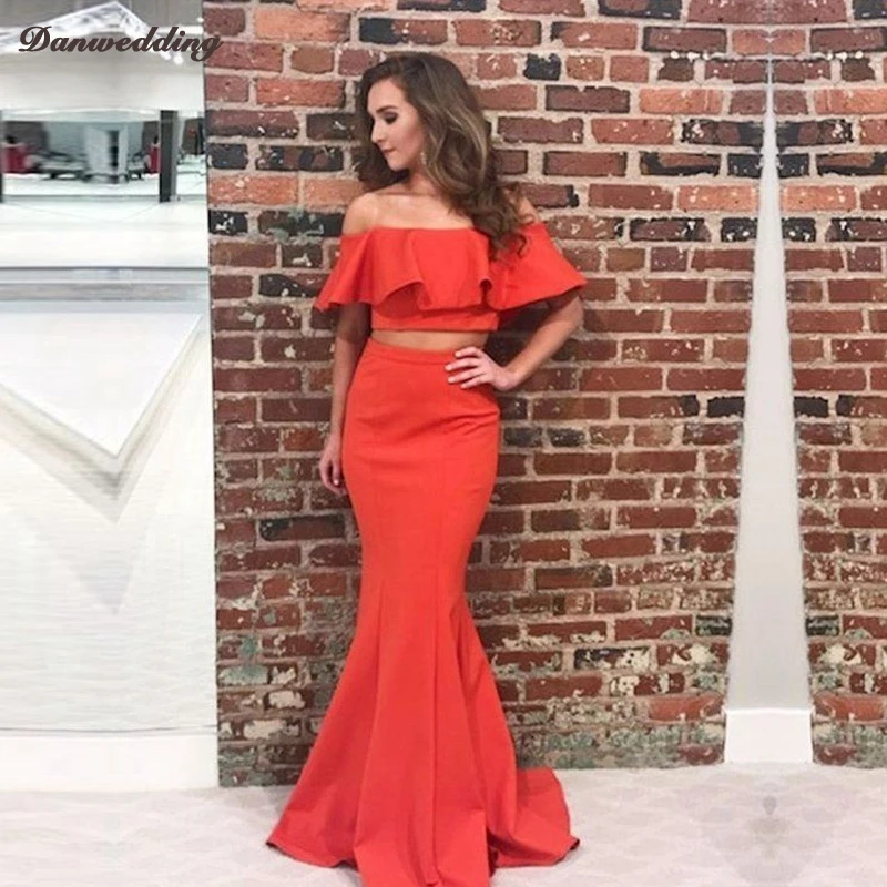 Sexy Two Pieces Set Mermaid Evening Dresses Boat-Neck Spandex Court Train Red Girl Party Gown New Arrival | Свадьбы и торжества
