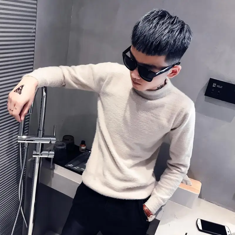 

Wholesale 2022 Autumn Winter Warm Thermal High Collar Social Guy Fur Sweater Teenagers Knit Shirt Bottoming Pullover Male