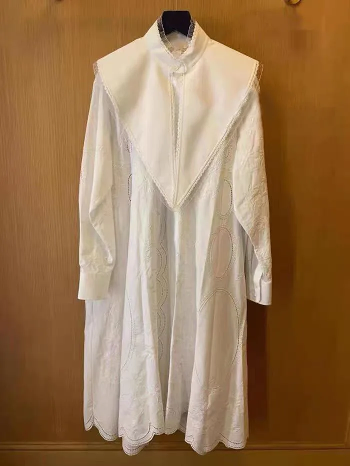 

Women Dress 2021 Spring and Summer New Detachable Pointed Collar Embroidered Hollow Shirt Dress