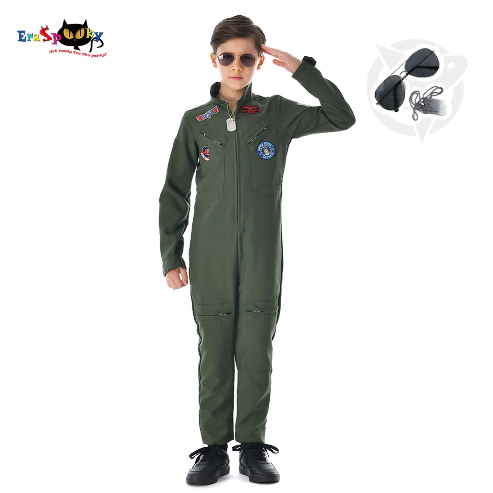 Eraspooky Retro Movie Top Gun Cosplay Military Pilot Costume For Kids American Airforce Uniform Boys Flight Suits Army Jumpsuit