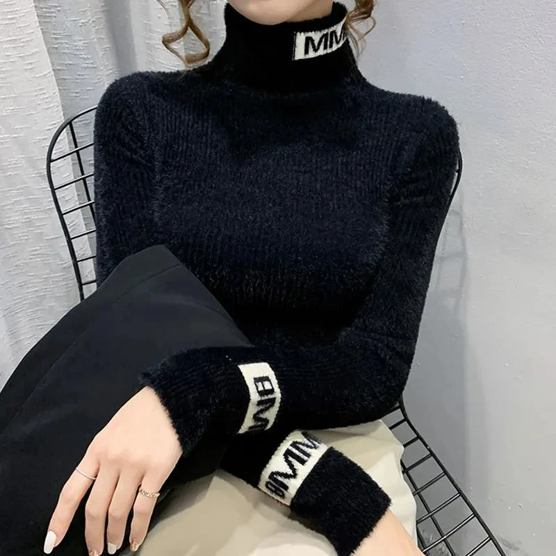 

Sweater Women Winter New Thick High-neck Solid Color Letter Pullover Bottoming Shirt Slim Temperament Commuter Knit Female M308