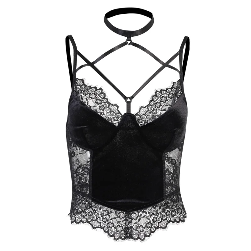 

Gothic Sexy Lace Backless Corset Camis for Girls Aesthetic Velvet Black Bandage Halter Crop Top Y2K Summer Party Women Clothes