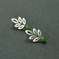 vintage silver plated stud earrings for women classic style out leaf green stone stud earrings trendy 2020 accessories h4d552