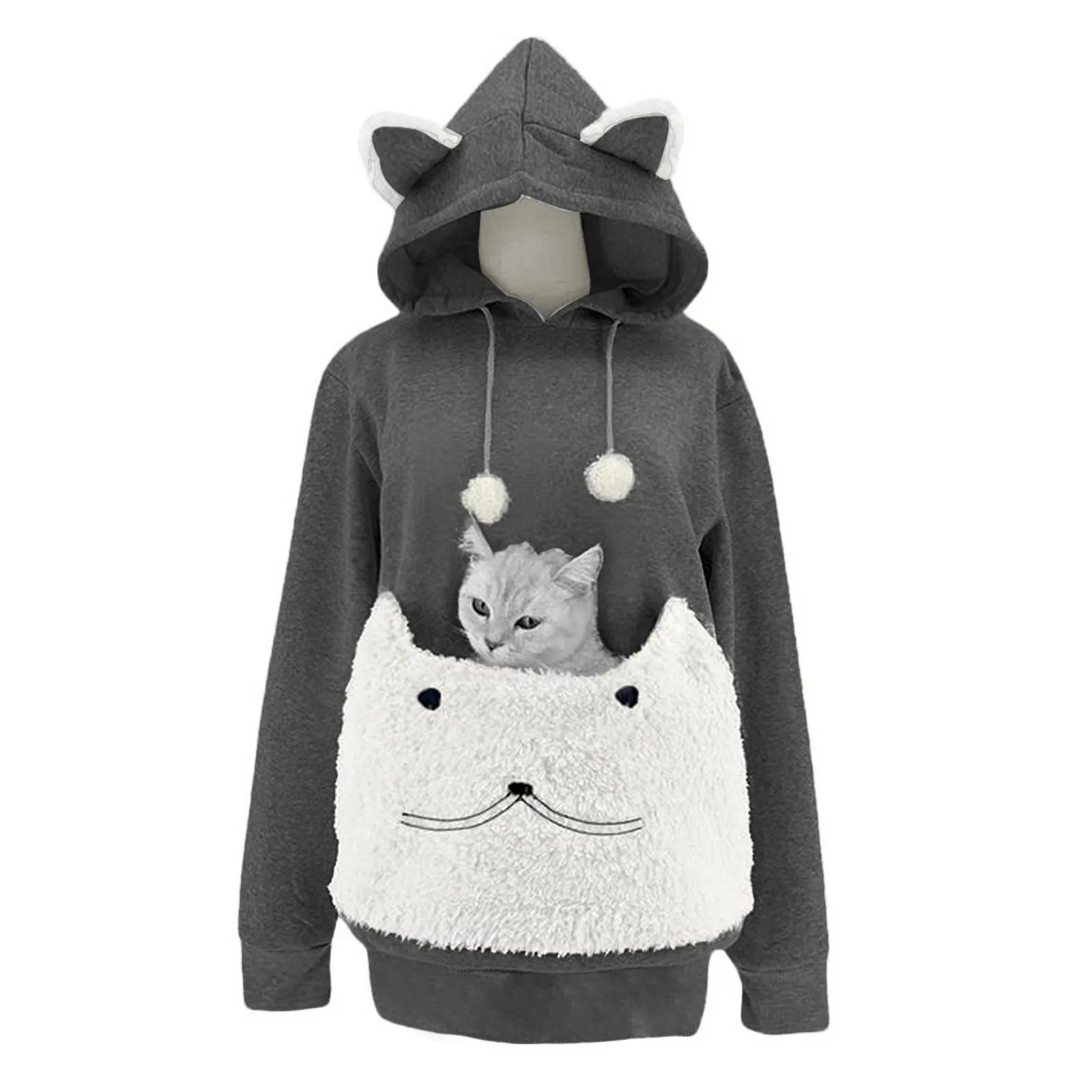 Pet Hoodies Womens Sweatshirts Big Animal Pouch Kawaii Cat Ear Fur Ball Long Sleeve Hooded Girls Pullover Female Tops Blouse 2