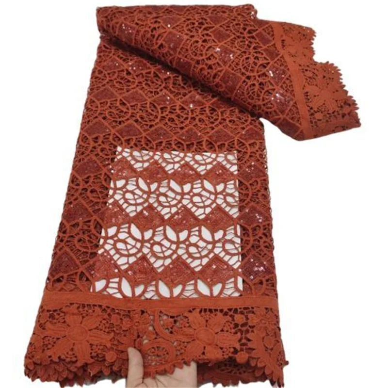 

Orange High Quality African Lace Fabric With Sequins White Water Soluble Guipure Cord Laces For Wedding Party Sewing