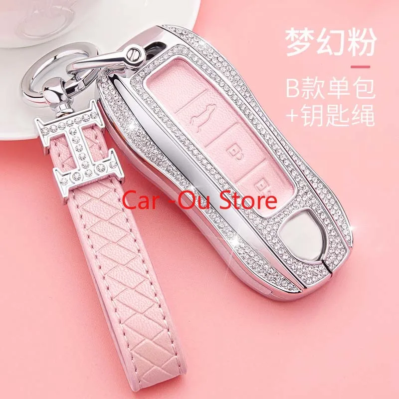 

For Porsche Cayenne Cayman Macan Panamera Taycan 718 911 Key Case Cover Chain Buckle High Grade Diamond New Pink For Girl