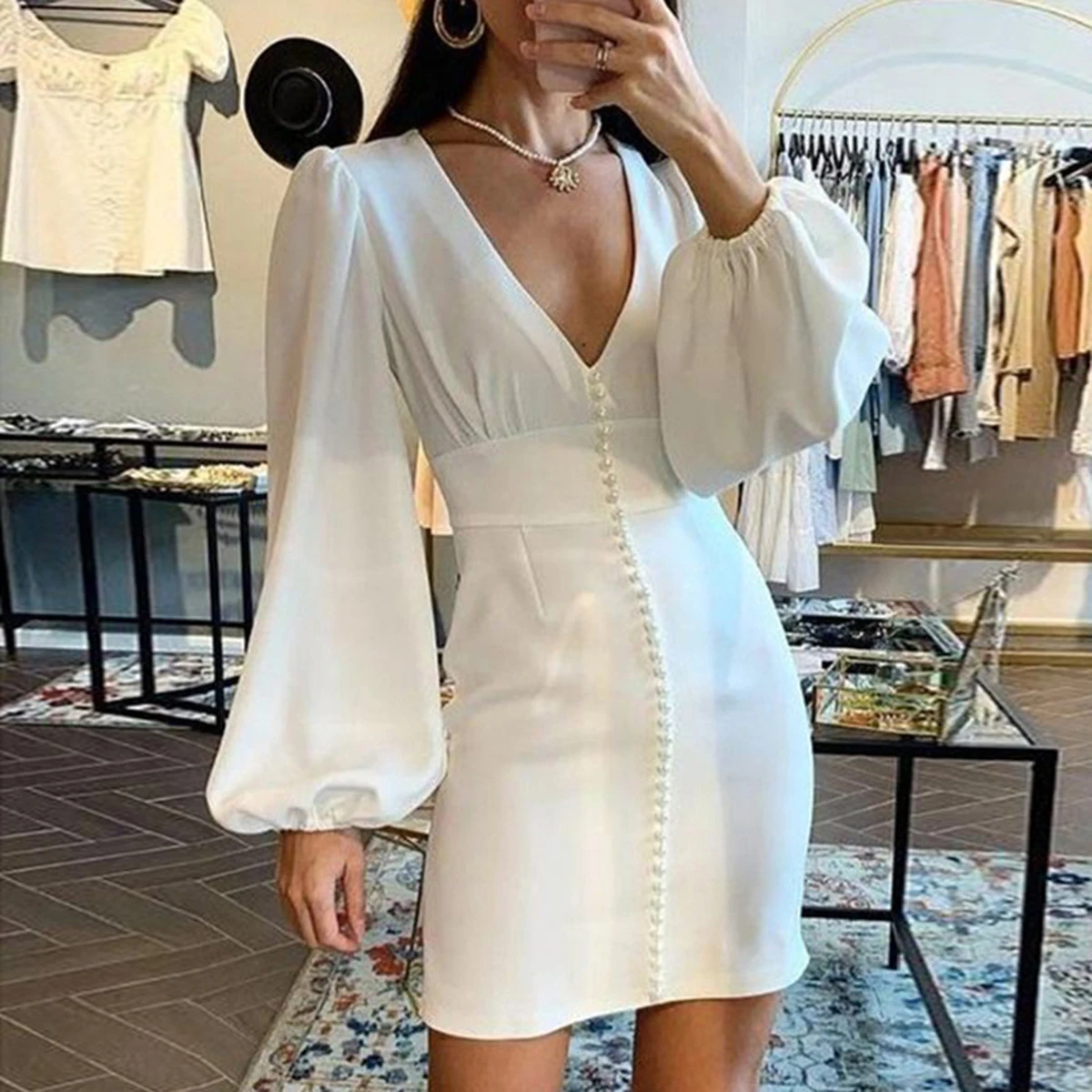 

Casual Boho Beach Dresses Vintage Puff Sleeve Beach Sweet Womens V-Neck Button Party Slim Midi Sundress Party Mini