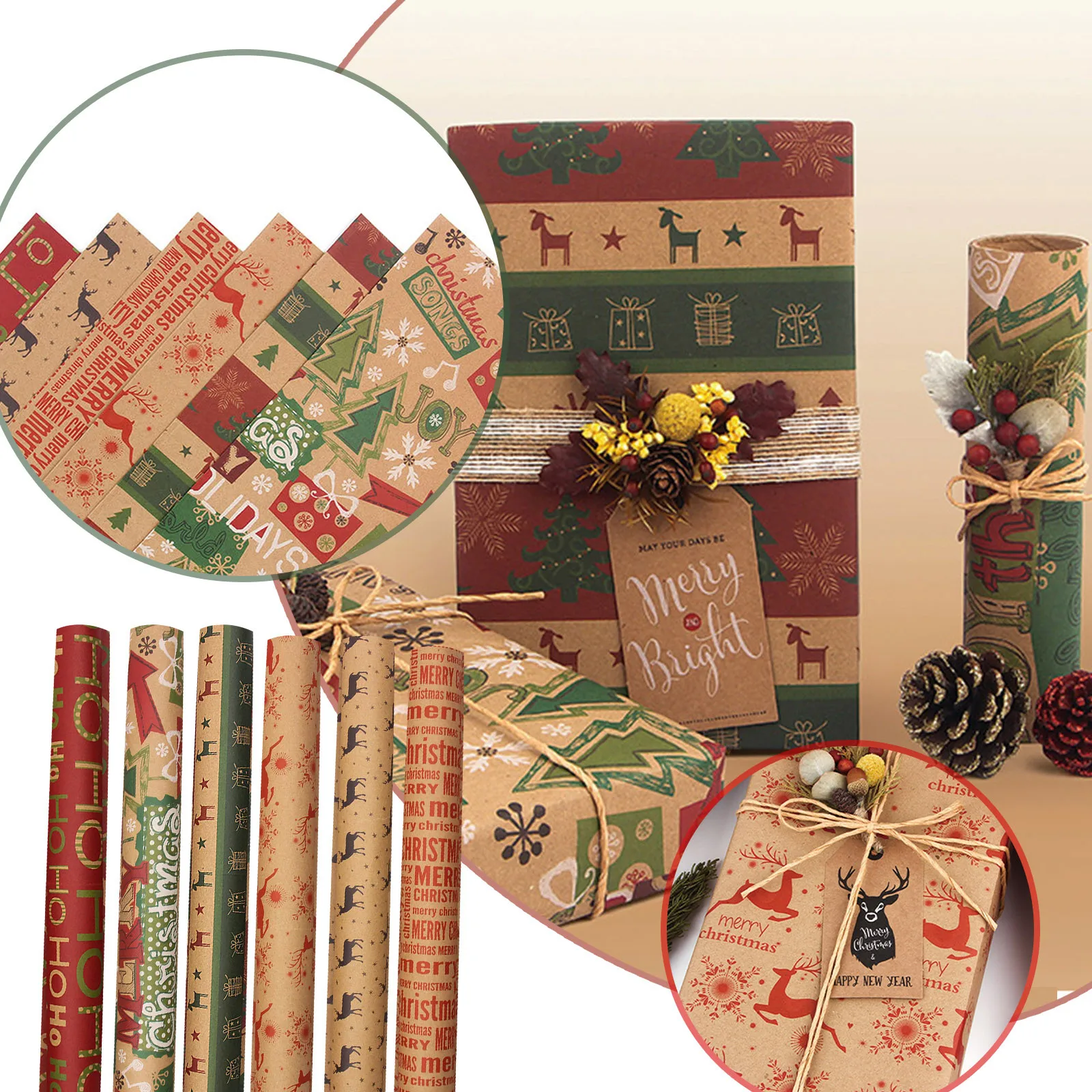 

Christmas Wrapping Paper Christmas Elements Collection Single-Sided Wrapping Paper Plaid Barn-Moose And Patterns-70cmX50cm