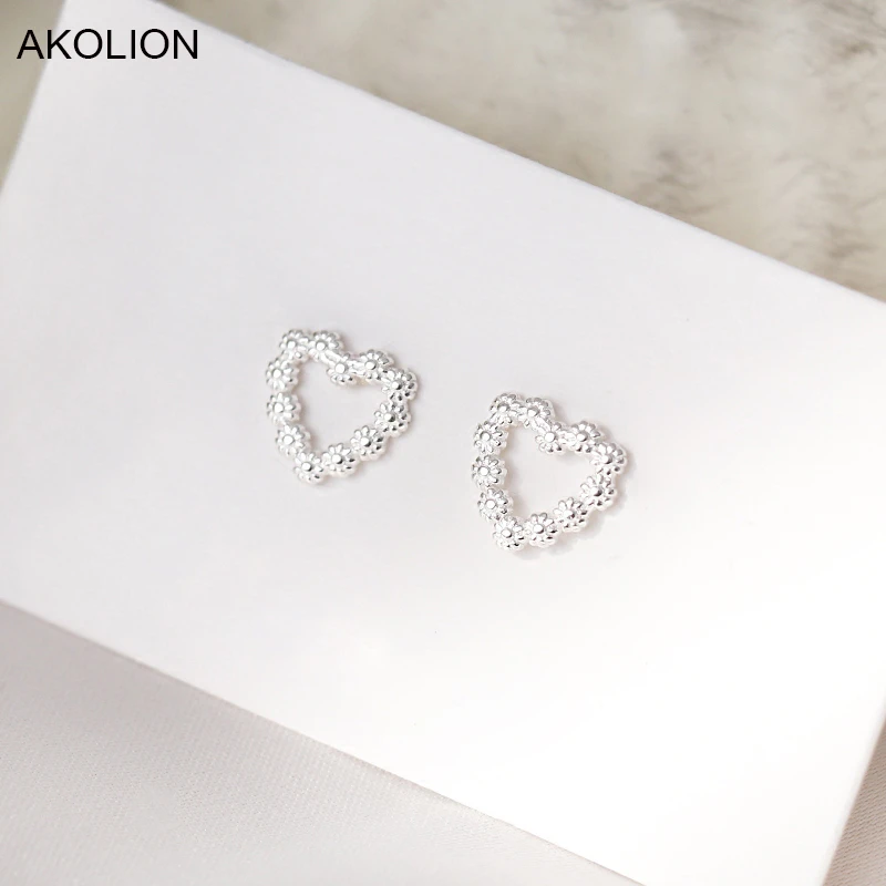 Серебряные Простые серьги-гвоздики в форме сердца с милыми цветами для женщин и