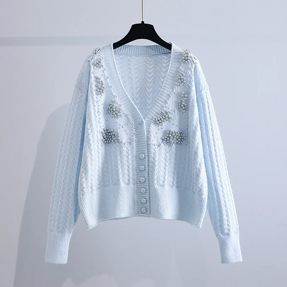 

Fashion Vintage Beading Pearl Button Up Long Sleeve Knitted Sweater Cardigan Women Fashion Spring Autumn Loose Top V-Neck Tops