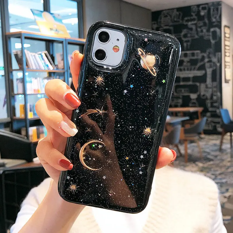 Clear Bling Moon Stars Phone Case For iPhone 13 Pro 12 7 8 6 6s Plus 11 Pro X XR XS Max Glitter Planet Soft TPU Silicone Cover