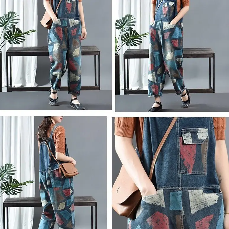 

Early Spring Retro Art Large Print Jeans College Style Strap Pants Show Thin And Versatile Casual One-piece Pants
