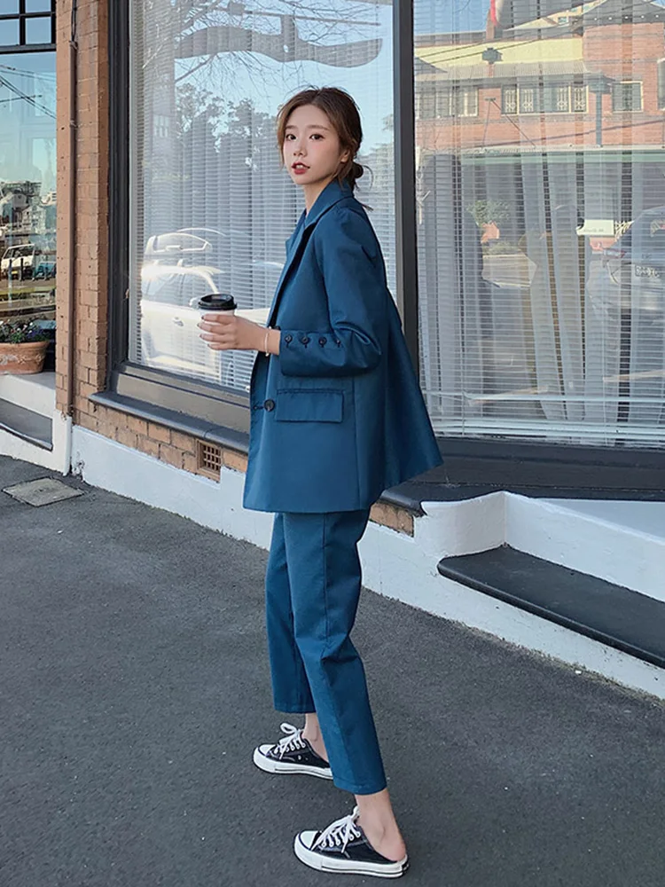 Женские костюмы в Корейском стиле свободное повседневное однотонное синее
