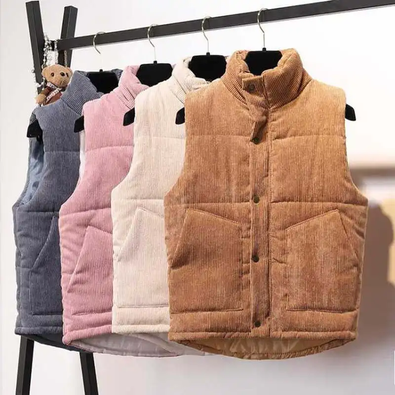 

Women's Corduroy Waistcoat Autumn Winter Stand Collar Loose Cotton Vest Coat Women Pockets Vintage Warm Short Vest Jacket C7756