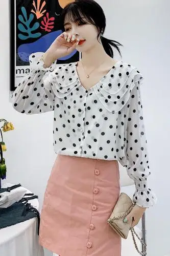 

Korean Women Blouses Polka Dot Peter Pan Collar Chiffon Womens Tops Elegant Lotus Leaf Puff Sleeve Top Office Blouse