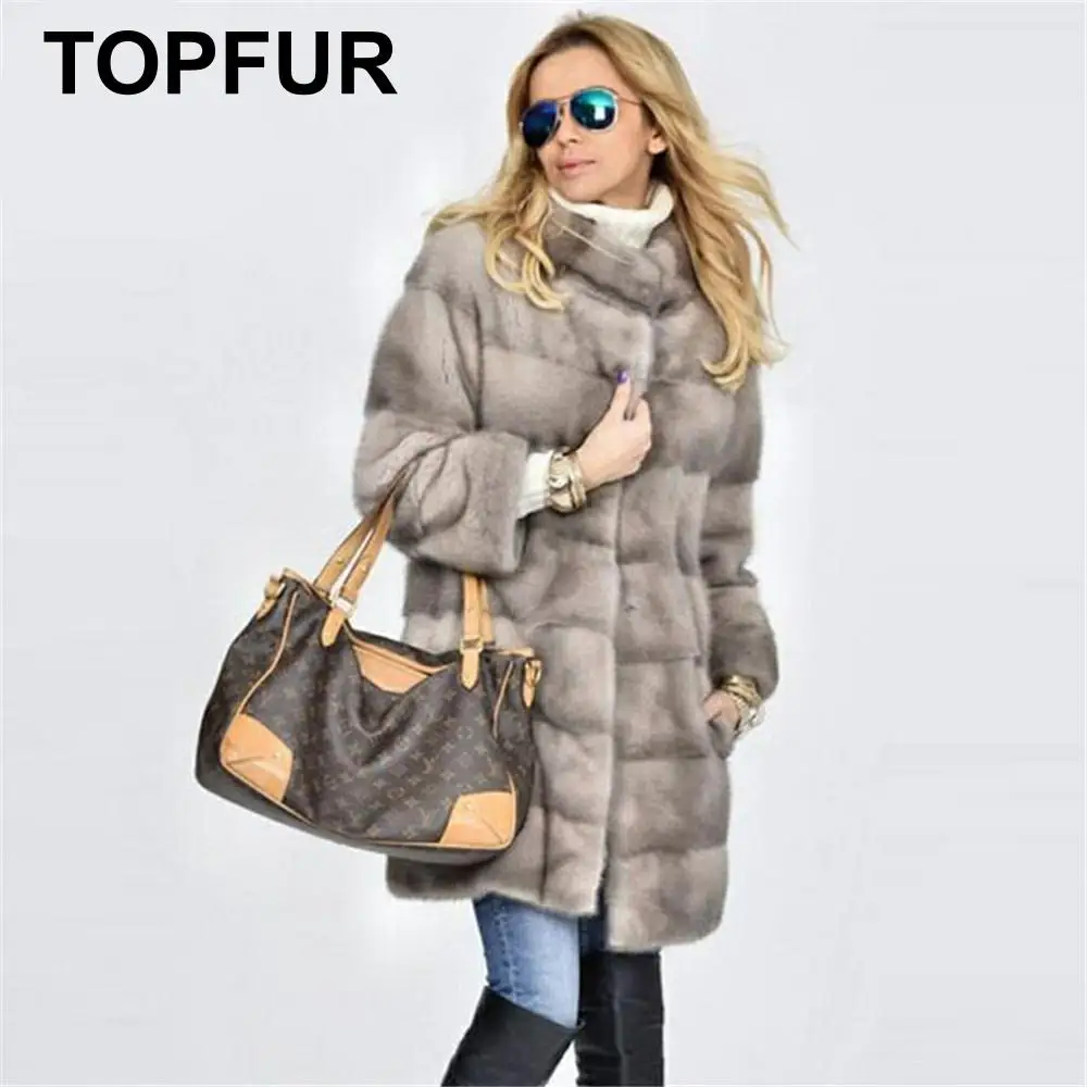 Женское пальто с натуральным мехом норки зимнее средней длины из натурального меха теплое длинными