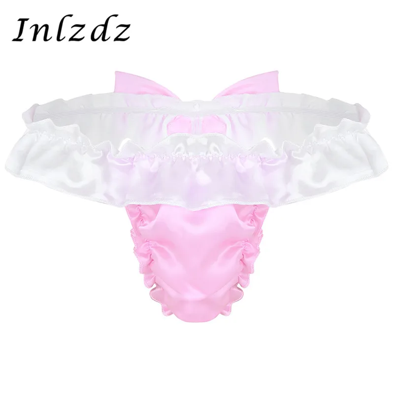 Мужские трусики для секса блестящее атласное нижнее белье с оборками и бантом