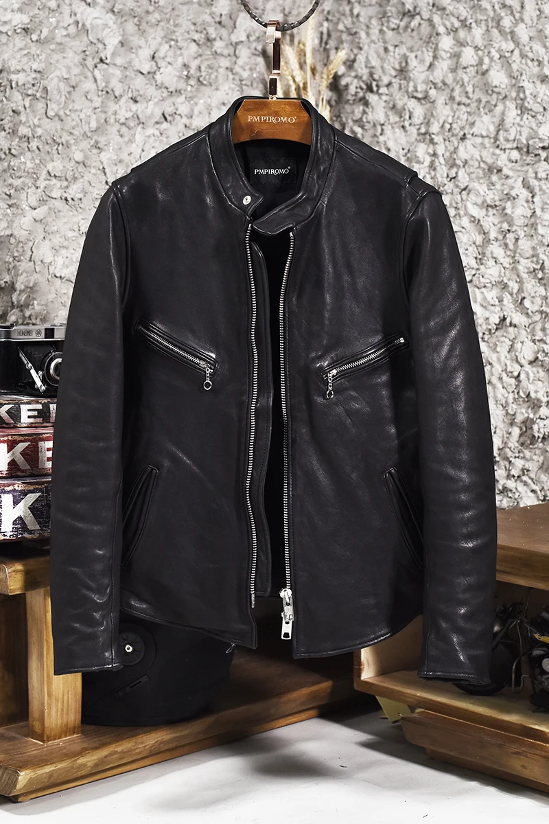 

2021 men's stand collar sheepskin slim fit short motorcycle jacket pockets moto biker rider leather coat men high quality