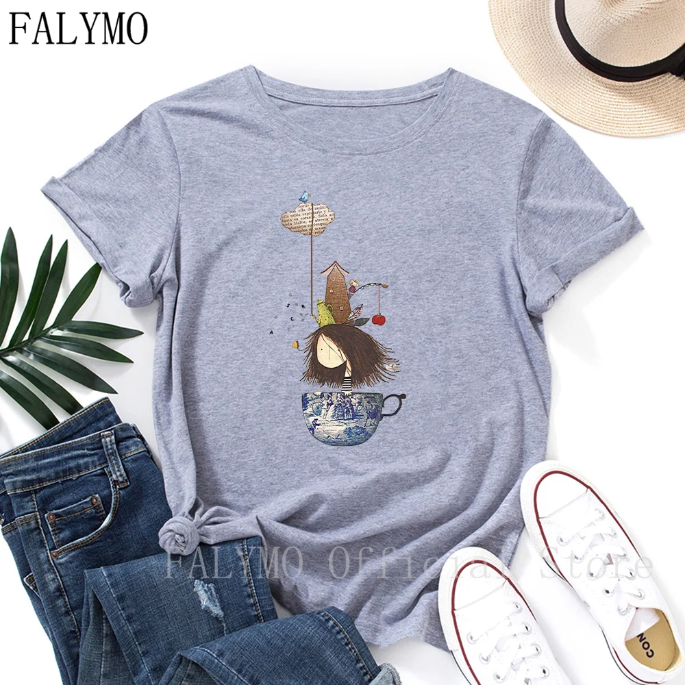 

Womens Cartoon Cup T-shirt Shirts Women Short Sleeve Cotton Summer Tops Graphic T-shirts Female Top Tee Shirt Tops for Woman