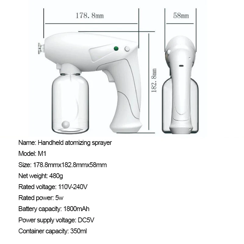 

Electric Wireless Disinfection Sprayer Handheld Portable USB Rechargeable Nano Atomizer Home Disinfection Steam Spray Gun 350ml