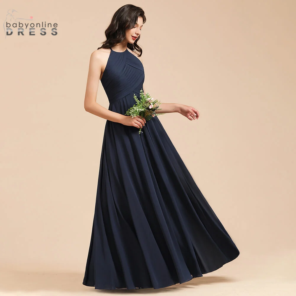 Cores a Linha Vestidos de Dama de Honra Halter sem Mangas Vestido de Festa de Casamento Robe de Soirée de Mariage Babyonlinedress Chiffon 50