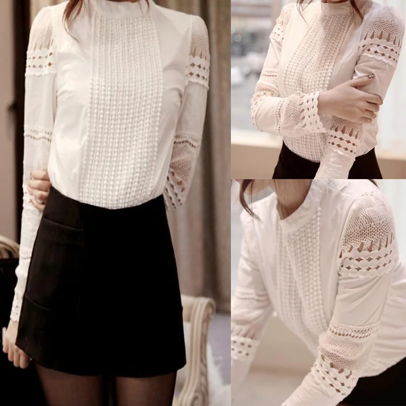 

2019 Hot Fashion Lace Chiffon Blouse Women Shirt Plus Size S-5XL Casual ladies Flower Hollow long sleeve Womens Tops Blouses