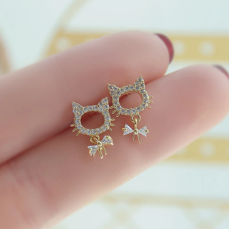 

Luxury 14K Real Gold Micro-inlaid Zircon Full of Diamonds Kitten Cute Bow Stud Earrings for Women Cubic Zircon ZC Earrings