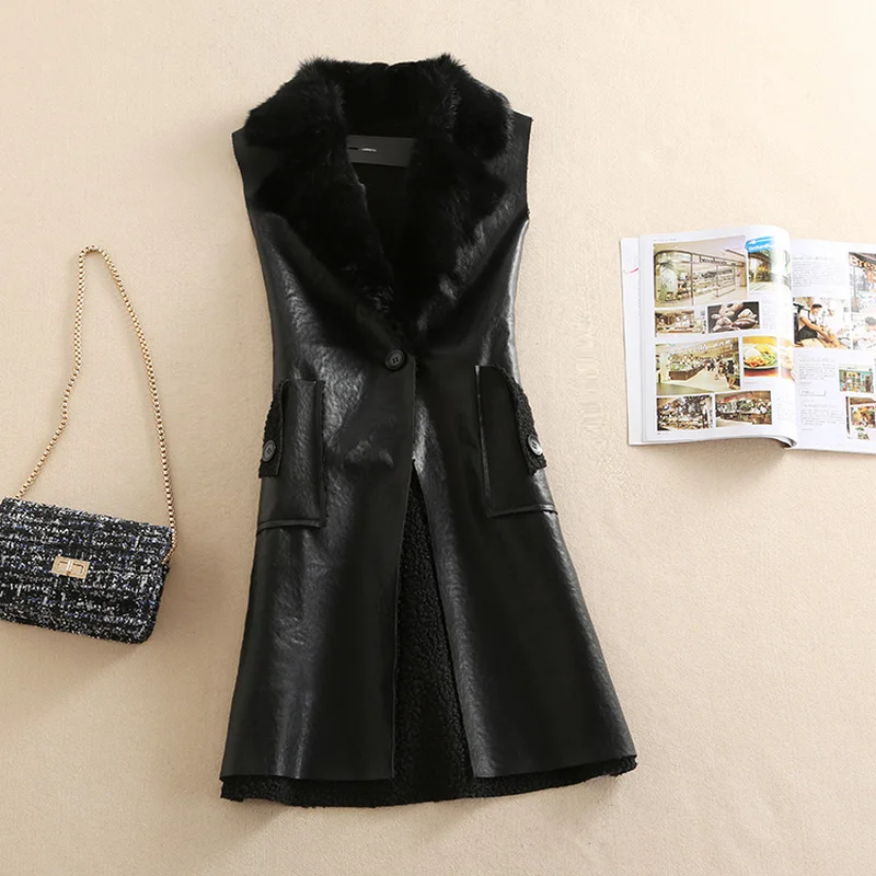Черная длинная куртка пальто женский осенне зимний жилет с воротником из
