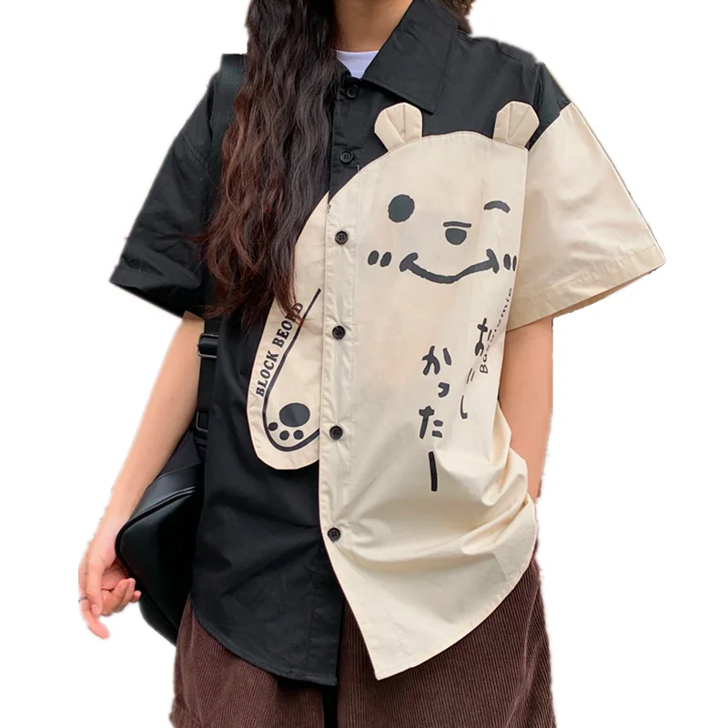 

Summer Street Fashion Women Cartoon Bear Printed Shirts Students Teen Girls Preppy Style Kawaii Blouses Loose Casual Cute Tops
