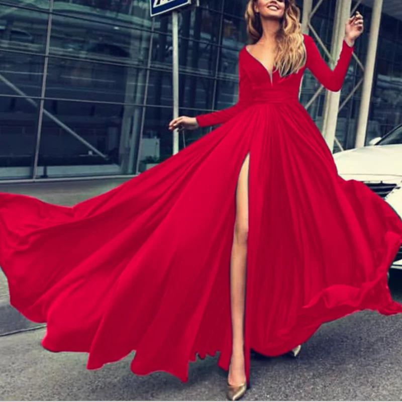 

Elegant Dresses For Women Long Sleeve V-neck Maxi Dress Slit Robe Slim Versatile Autumn Dress Set Female Clothing