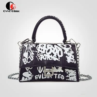 cg letter chain small square bag 2021 designer graffiti painted pu leather shoulder crossbody bags for women handbags and purse