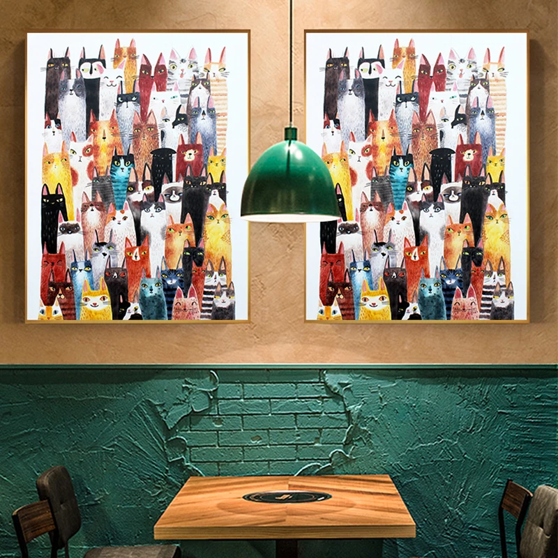 Мультяшные скандинавские постеры с кошками и собаками Картина на холсте Модные