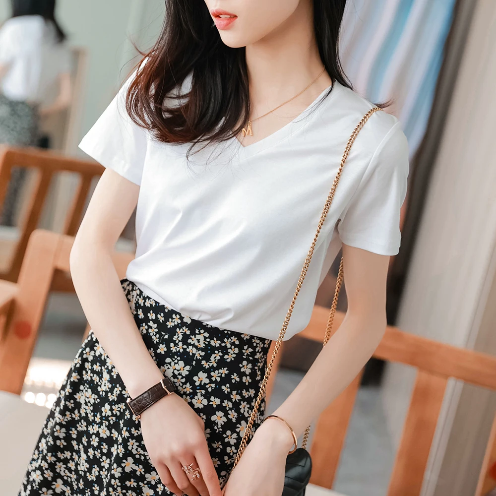

Women's Solid Color Mercerized Cotton Skin-friendly Satin Fabric Summer Loose and Thin Asian Size T-shirt Short Sleeves