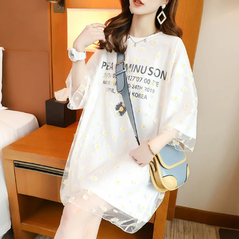 

T Shirt Women Korean Short Sleeve Daisy Letters Printed Mesh Patchwork Tshirts Summer Fashion Streetwear Ladies Kawaii Tee Shirt